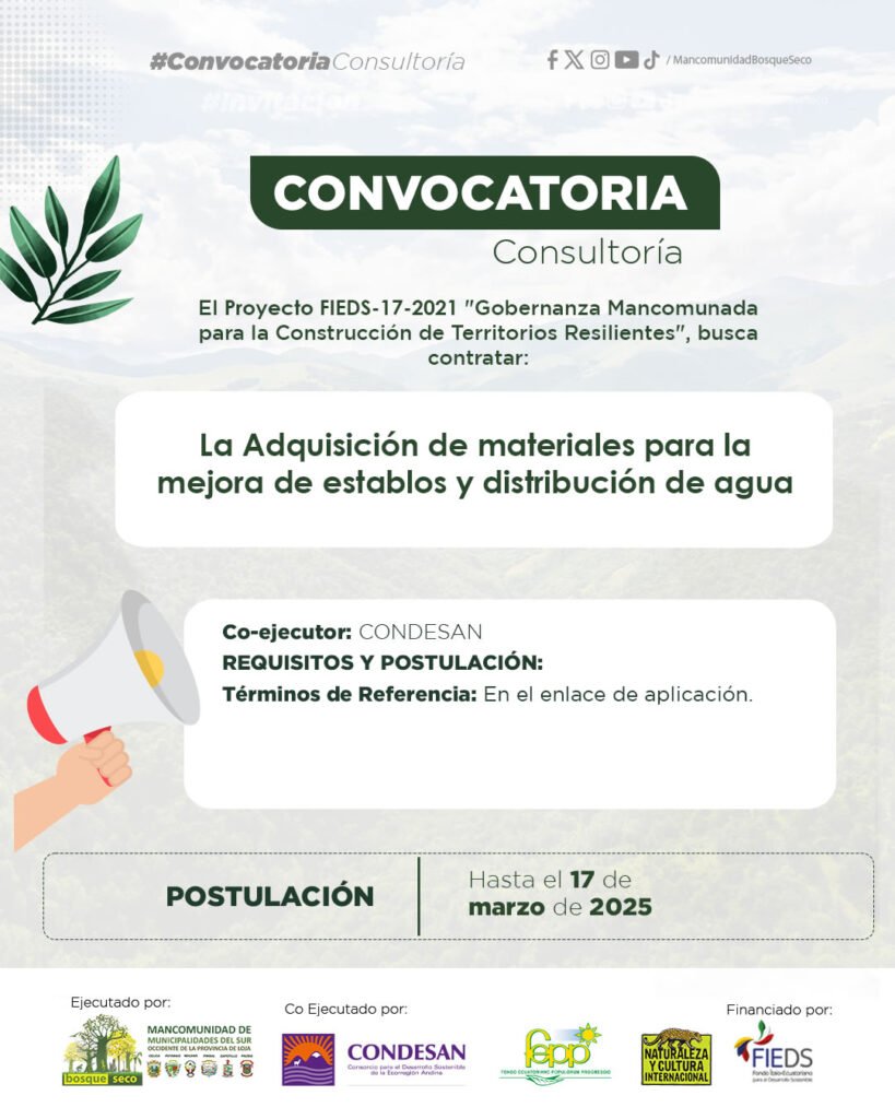 CONVOCATORIA: Adquisición de materiales para la mejora de establos y distribución de agua