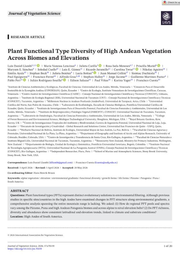 Plant Functional Type Diversity of High Andean Vegetation Across Biomes and Elevations