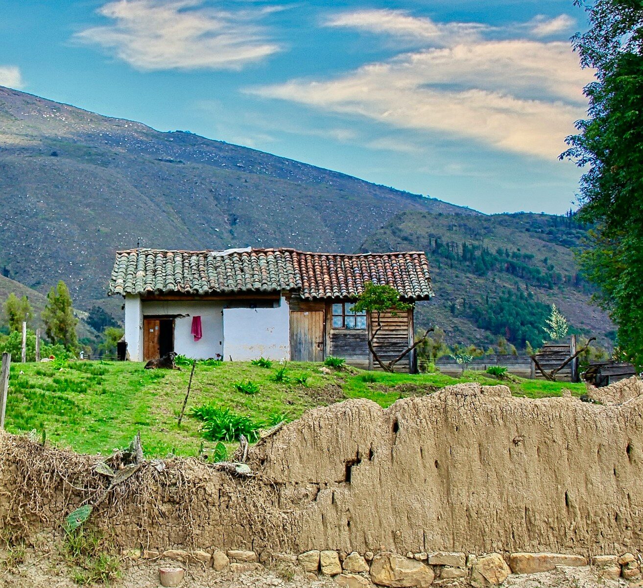 a small house sitting on top of a lush green hillside